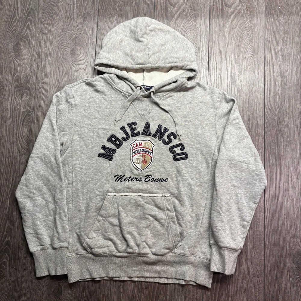 Meters Bonwe Mens Large Gray MBJEANSCO Campus Graphic Pullover Hoodie Sweatshirt